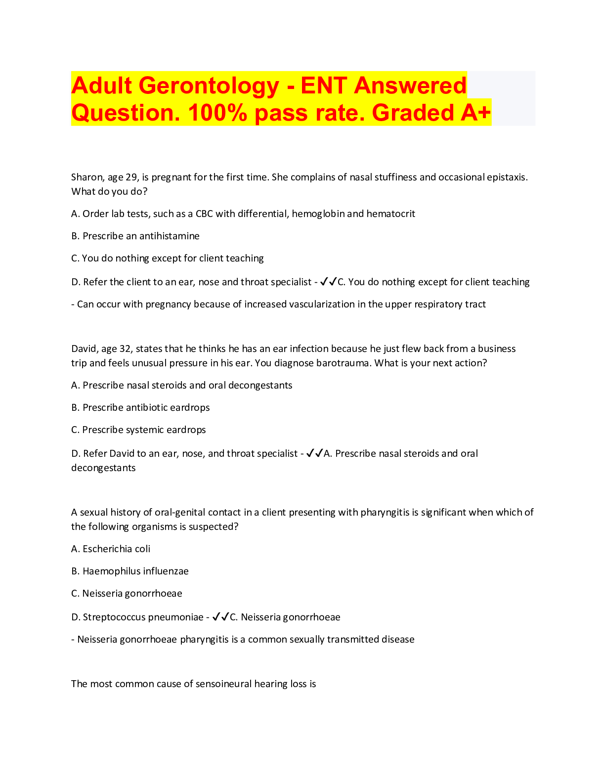 Preview of Adult Gerontology - ENT Answered Question. 100% pass rate. Graded A+